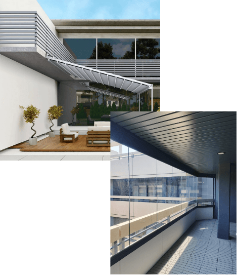 toldo vertical y cortina de cristal en madrid en dos fotos unidas en estilo collage