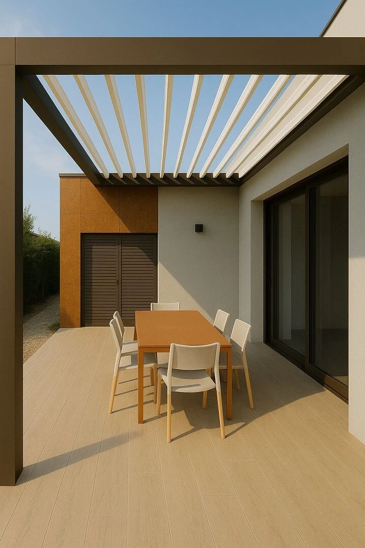 Pergola bioclimatica en entrada de casa en madrid